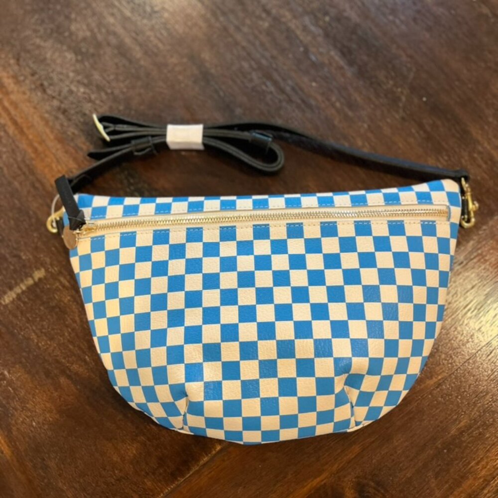 Clare V Grande Fanny in white/blue print + gold zip